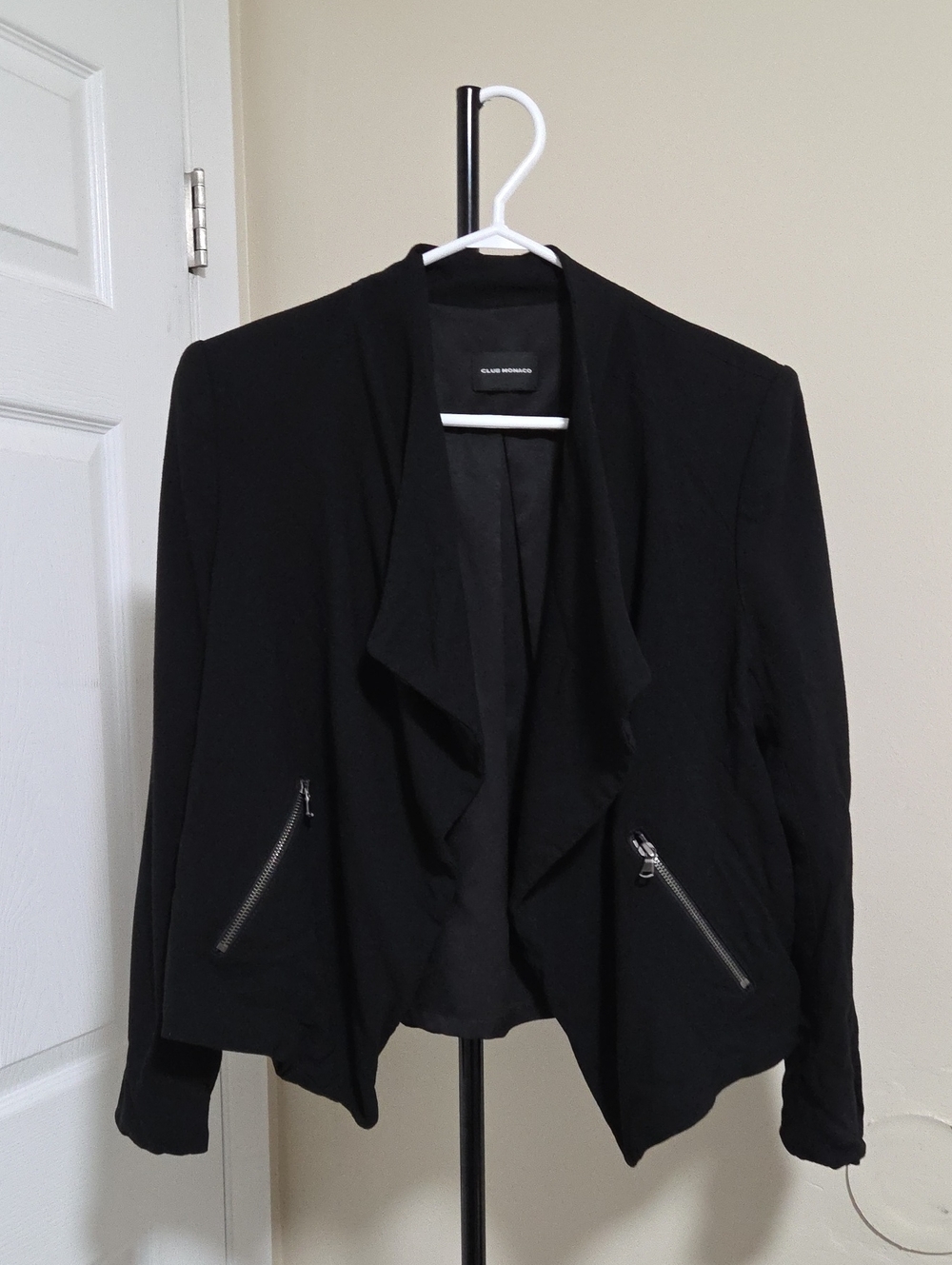 Club Monaco Black Draped Open Front Blazer Zip Pockets Career Minimalist